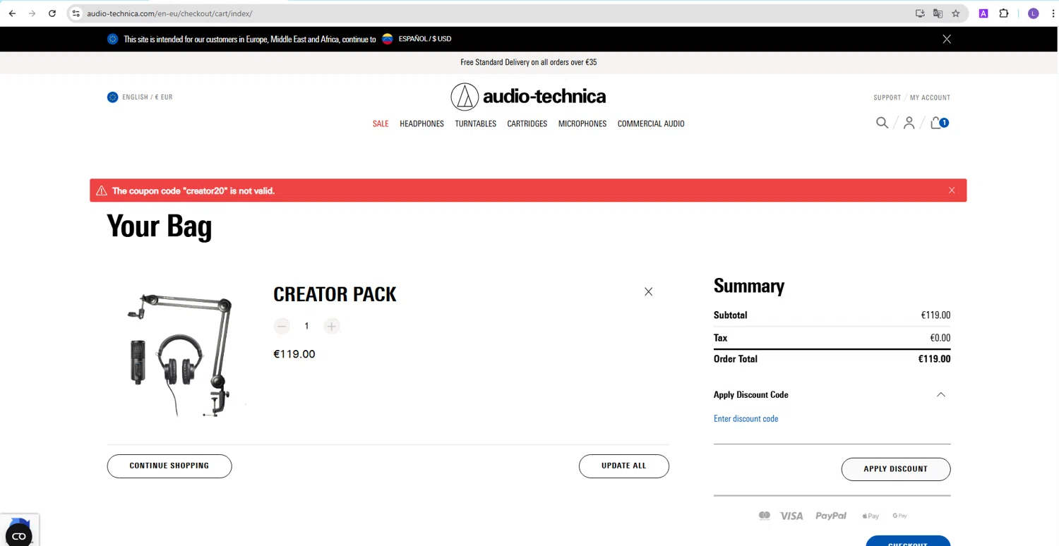 Audio-Technica promo code screenshot showing code creator20 applied at Audio-Technica checkout page. Uploaded by SimplyCodes community member NobleKnight286 on Mar 12, 2025