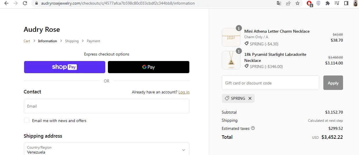 Audry Rose checkout page showing Audry Rose discount code box | Screenshot taken by SimplyCodes community member on May 25, 2023