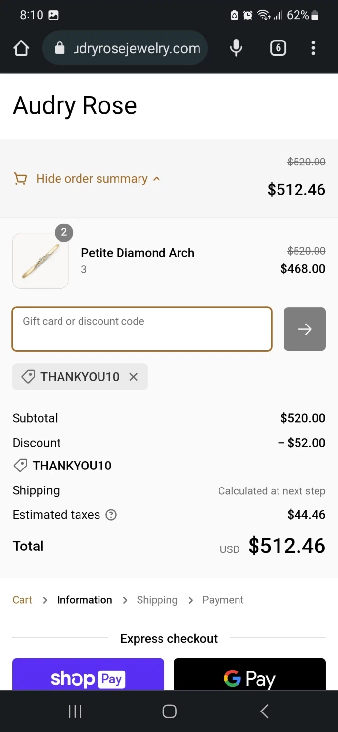 Audry Rose checkout page showing Audry Rose discount code box | Screenshot taken by SimplyCodes community member on Apr 5, 2023