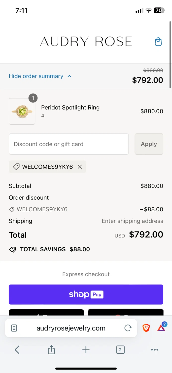 Audry Rose checkout page showing Audry Rose discount code box | Screenshot taken by SimplyCodes community member on Aug 6, 2024