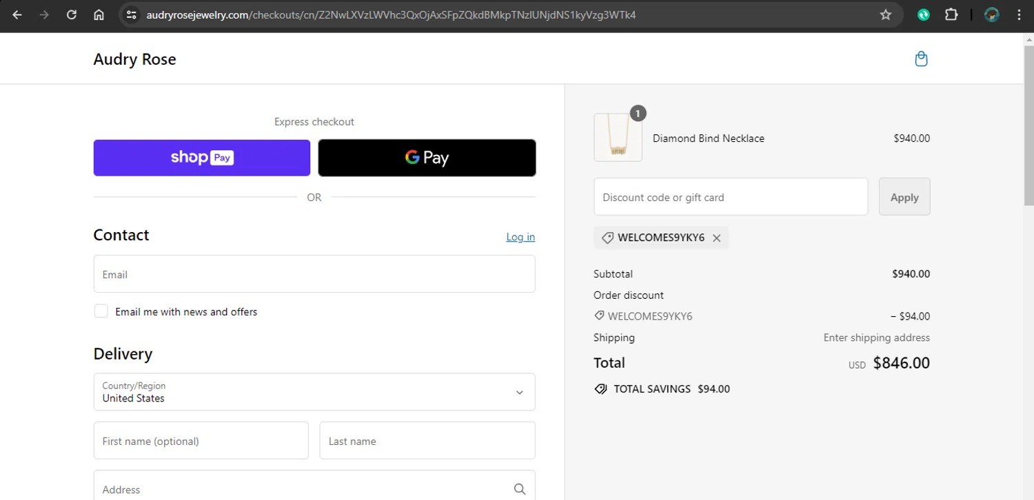 Audry Rose checkout page showing Audry Rose discount code box | Screenshot taken by SimplyCodes community member on Jun 9, 2024