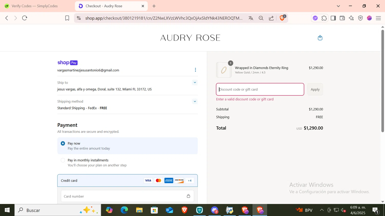 Audry Rose discount code screenshot showing code MARIKA15 applied at Audry Rose checkout page. Uploaded by SimplyCodes community member CODMOBILE1 on Jun 4, 2025