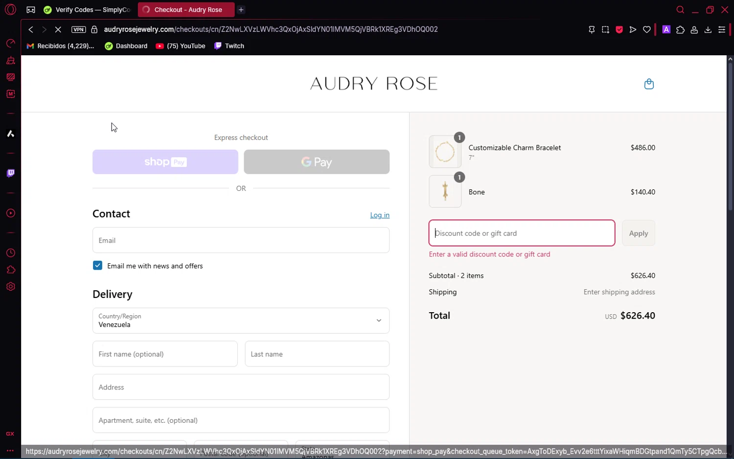 Audry Rose discount code screenshot showing code MARIKA15 applied at Audry Rose checkout page. Uploaded by SimplyCodes community member VoucherAce8469 on Jun 4, 2025