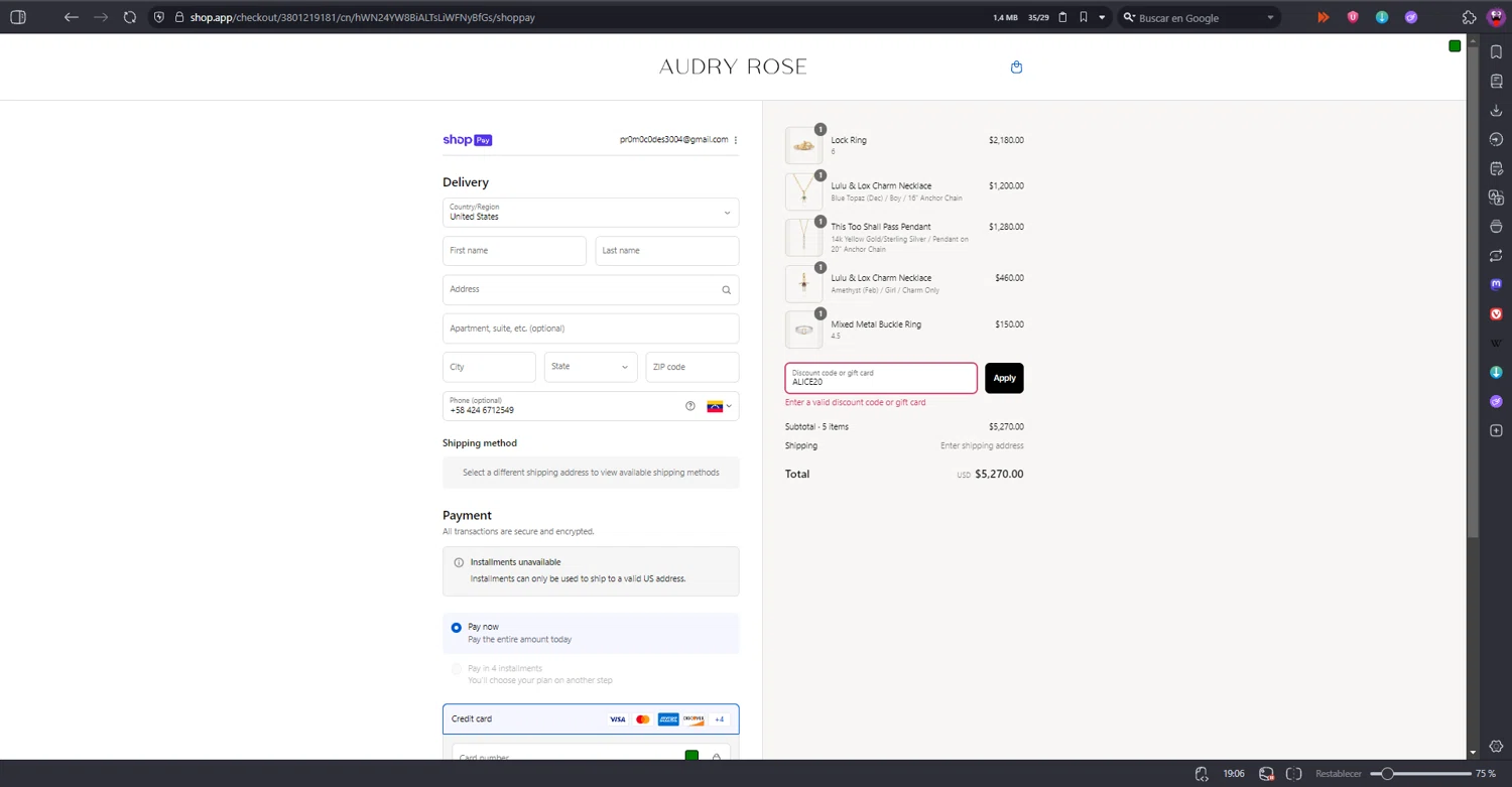Audry Rose discount code screenshot showing code ALICE20 applied at Audry Rose checkout page. Uploaded by SimplyCodes community member RINITOSHI on Aug 21, 2025