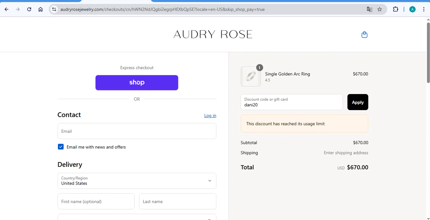 Audry Rose discount code screenshot showing code dani20 applied at Audry Rose checkout page. Uploaded by SimplyCodes community member AlexSierra on Aug 30, 2025