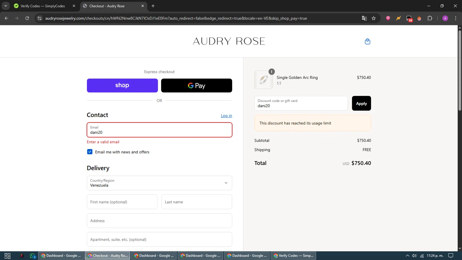 Audry Rose discount code screenshot showing code dani20 applied at Audry Rose checkout page. Uploaded by SimplyCodes community member CouponScout5403 on Aug 30, 2025
