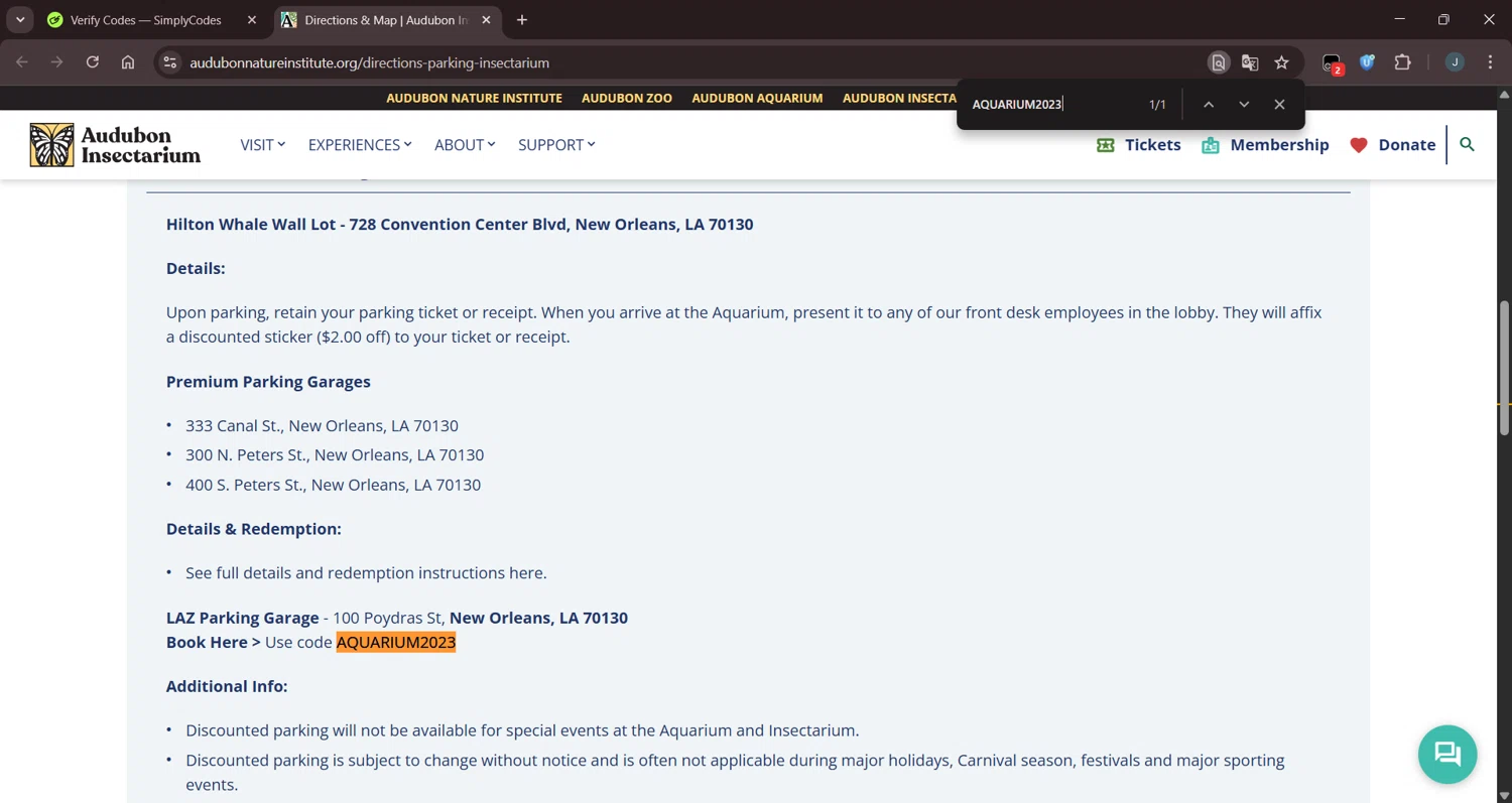 Audubon Zoo promo code screenshot showing code AQUARIUM2023 applied at Audubon Zoo checkout page. Uploaded by SimplyCodes community member Eltoro20 on Oct 1, 2025