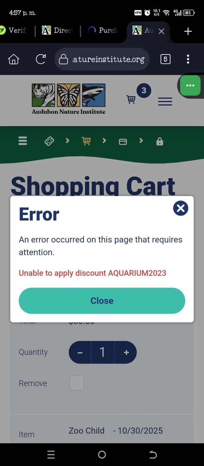 Audubon Zoo promo code screenshot showing code AQUARIUM2023 applied at Audubon Zoo checkout page. Uploaded by SimplyCodes community member JannyiseaN on Oct 29, 2025