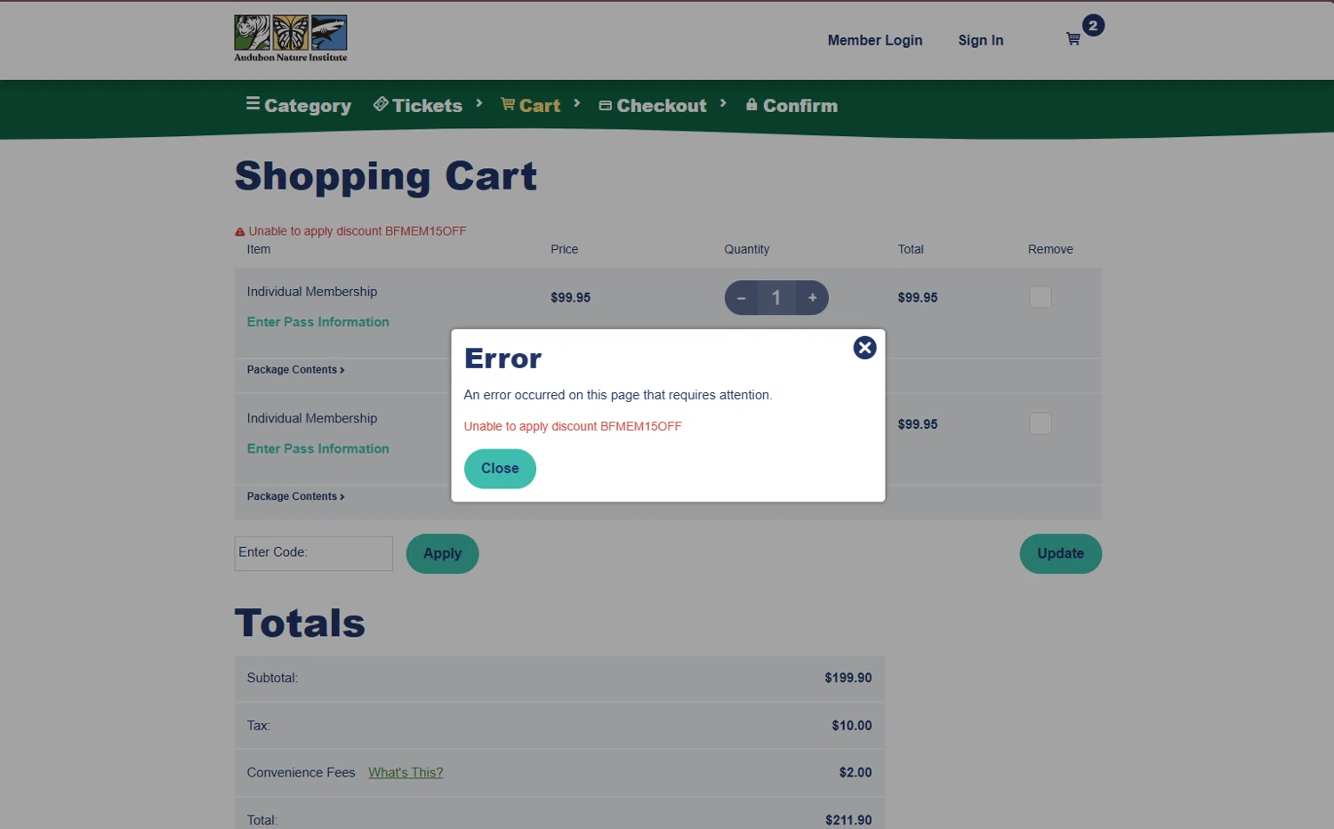 Audubon Zoo promo code screenshot showing code BFMEM15OFF applied at Audubon Zoo checkout page. Uploaded by SimplyCodes community member RewardWarden8289 on Dec 19, 2025