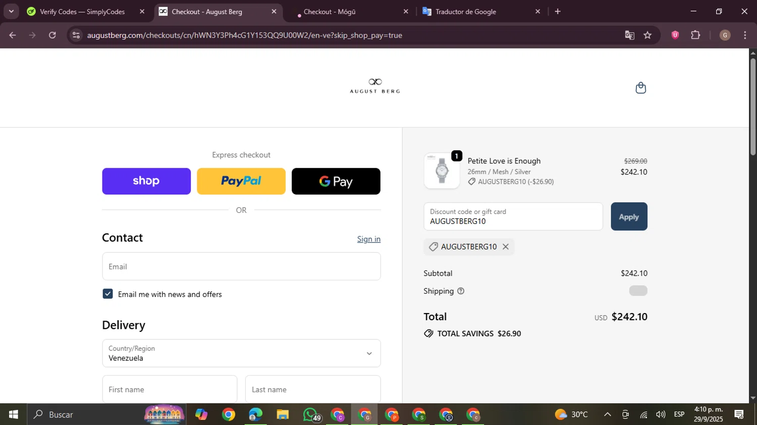August Berg discount code screenshot showing code AUGUSTBERG10 applied at August Berg checkout page. Uploaded by SimplyCodes community member BrilliantTracker4207 on Sep 29, 2025
