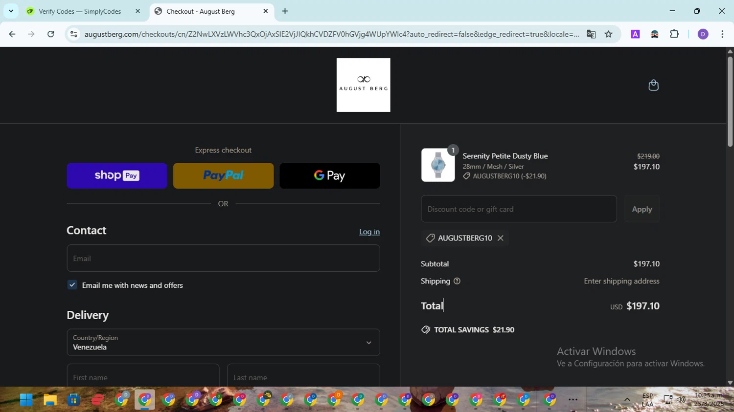 August Berg discount code screenshot showing code AUGUSTBERG10 applied at August Berg checkout page. Uploaded by SimplyCodes community member EpicSpotter8045 on Mar 25, 2025
