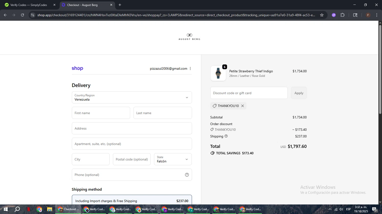 August Berg discount code screenshot showing code THANKYOU10 applied at August Berg checkout page. Uploaded by SimplyCodes community member ExtraordinaryHunter3076 on Oct 19, 2025