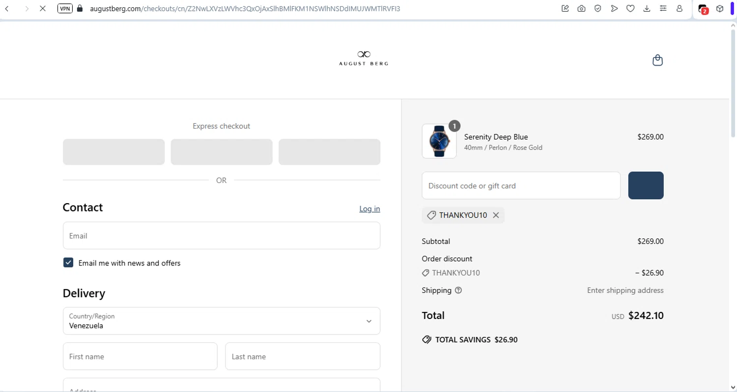 August Berg discount code screenshot showing code THANKYOU10 applied at August Berg checkout page. Uploaded by SimplyCodes community member LegendaryTitan9160 on Jun 9, 2025