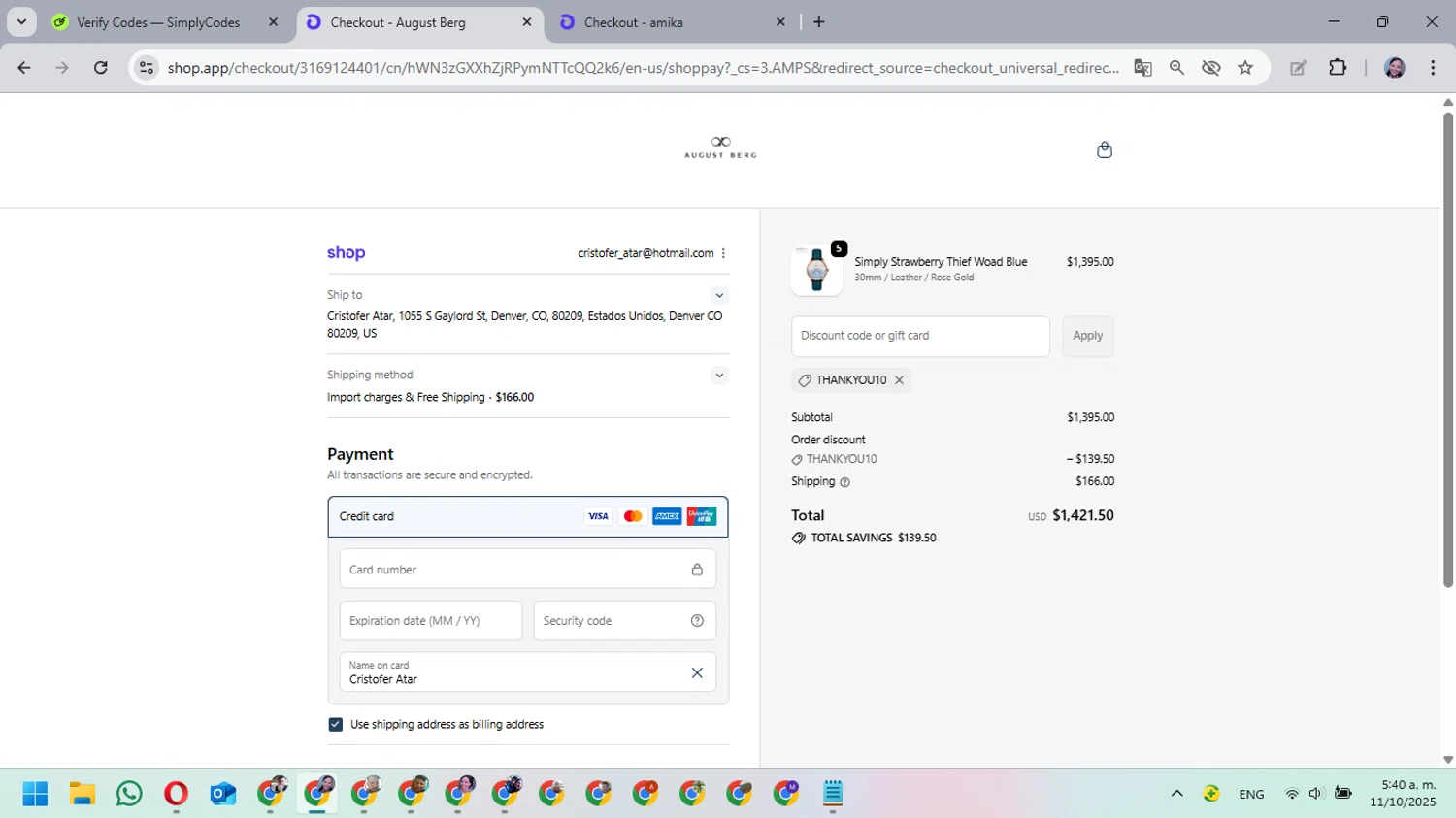 August Berg discount code screenshot showing code THANKYOU10 applied at August Berg checkout page. Uploaded by SimplyCodes community member MarielisPb on Oct 11, 2025