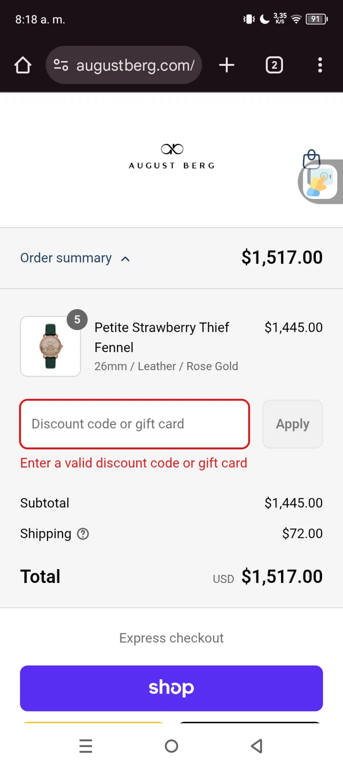 August Berg discount code screenshot showing code BIRTHDAY15 applied at August Berg checkout page. Uploaded by SimplyCodes community member NobleFox488 on Sep 4, 2025