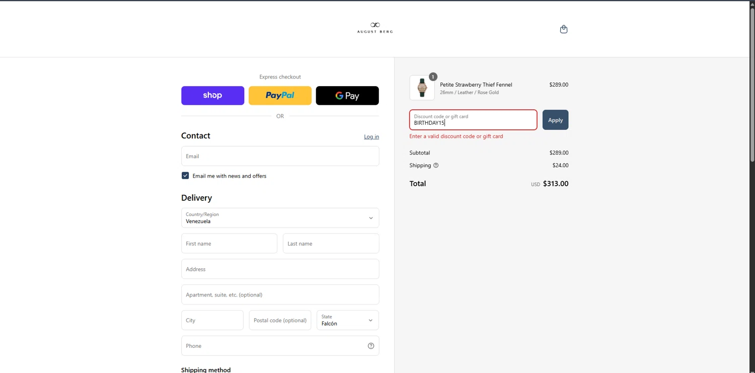 August Berg discount code screenshot showing code BIRTHDAY15 applied at August Berg checkout page. Uploaded by SimplyCodes community member ScanSpotter1700 on Sep 4, 2025