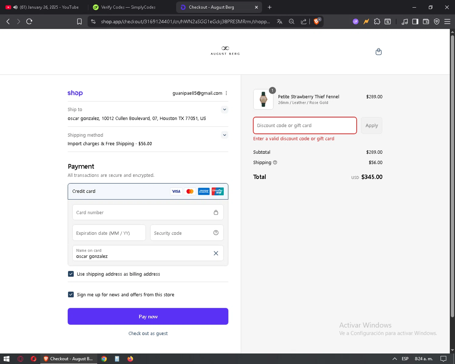 August Berg discount code screenshot showing code BIRTHDAY15 applied at August Berg checkout page. Uploaded by SimplyCodes community member mixelis on Sep 4, 2025