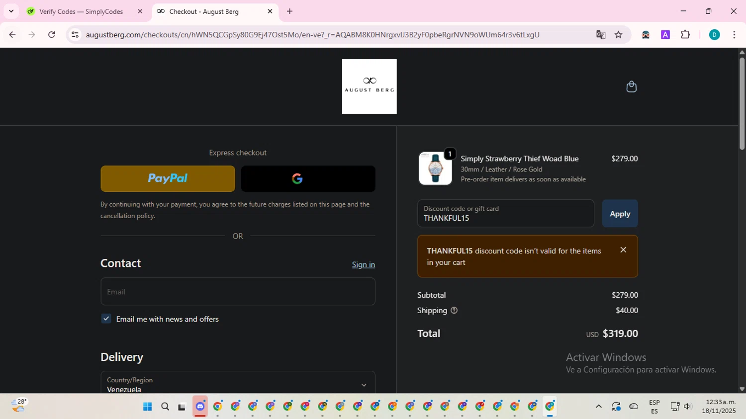 August Berg discount code screenshot showing code THANKFUL15 applied at August Berg checkout page. Uploaded by SimplyCodes community member ShrewdTracker5871 on Nov 18, 2025