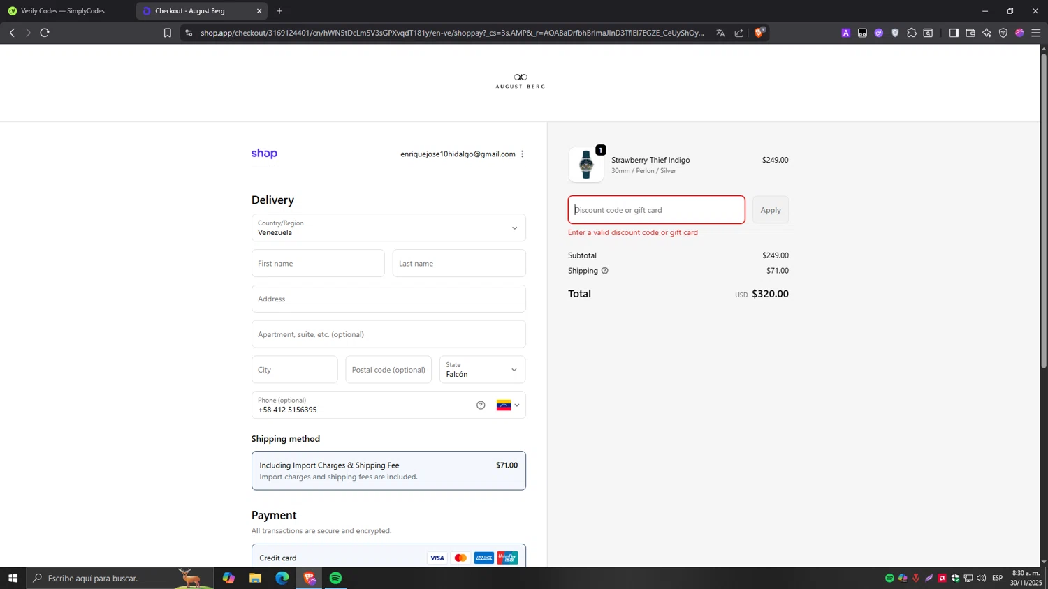 August Berg discount code screenshot showing code THANKFUL15 applied at August Berg checkout page. Uploaded by SimplyCodes community member Tragedy on Nov 30, 2025