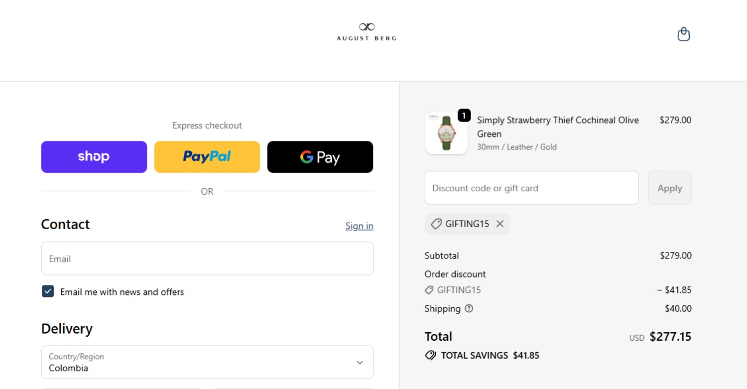 August Berg discount code screenshot showing code GIFTING15 applied at August Berg checkout page. Uploaded by SimplyCodes community member anthonyquintero on Dec 19, 2025
