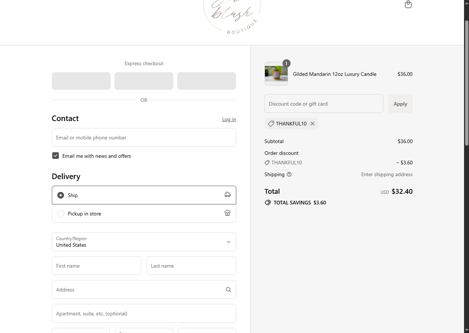 August Blush Boutique promo code screenshot showing code THANKFUL10 applied at August Blush Boutique checkout page. Uploaded by SimplyCodes community member GoldPhoenix3793 on Jul 6, 2025