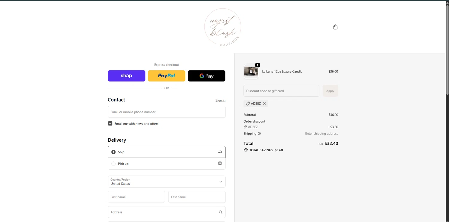 August Blush Boutique promo code screenshot showing code ADBEZ applied at August Blush Boutique checkout page. Uploaded by SimplyCodes community member SwiftPhoenix267 on Nov 10, 2025
