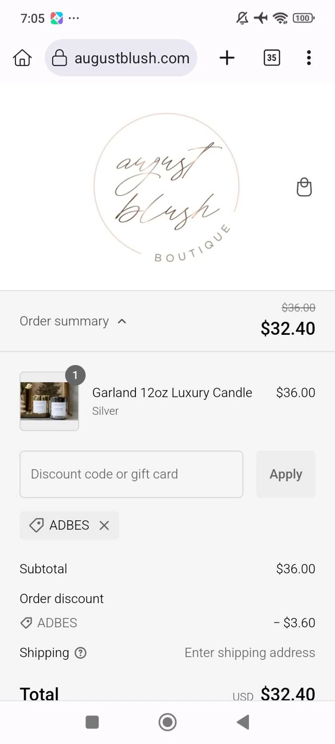August Blush Boutique promo code screenshot showing code ADBES applied at August Blush Boutique checkout page. Uploaded by SimplyCodes community member RomeoSantos on Dec 29, 2024