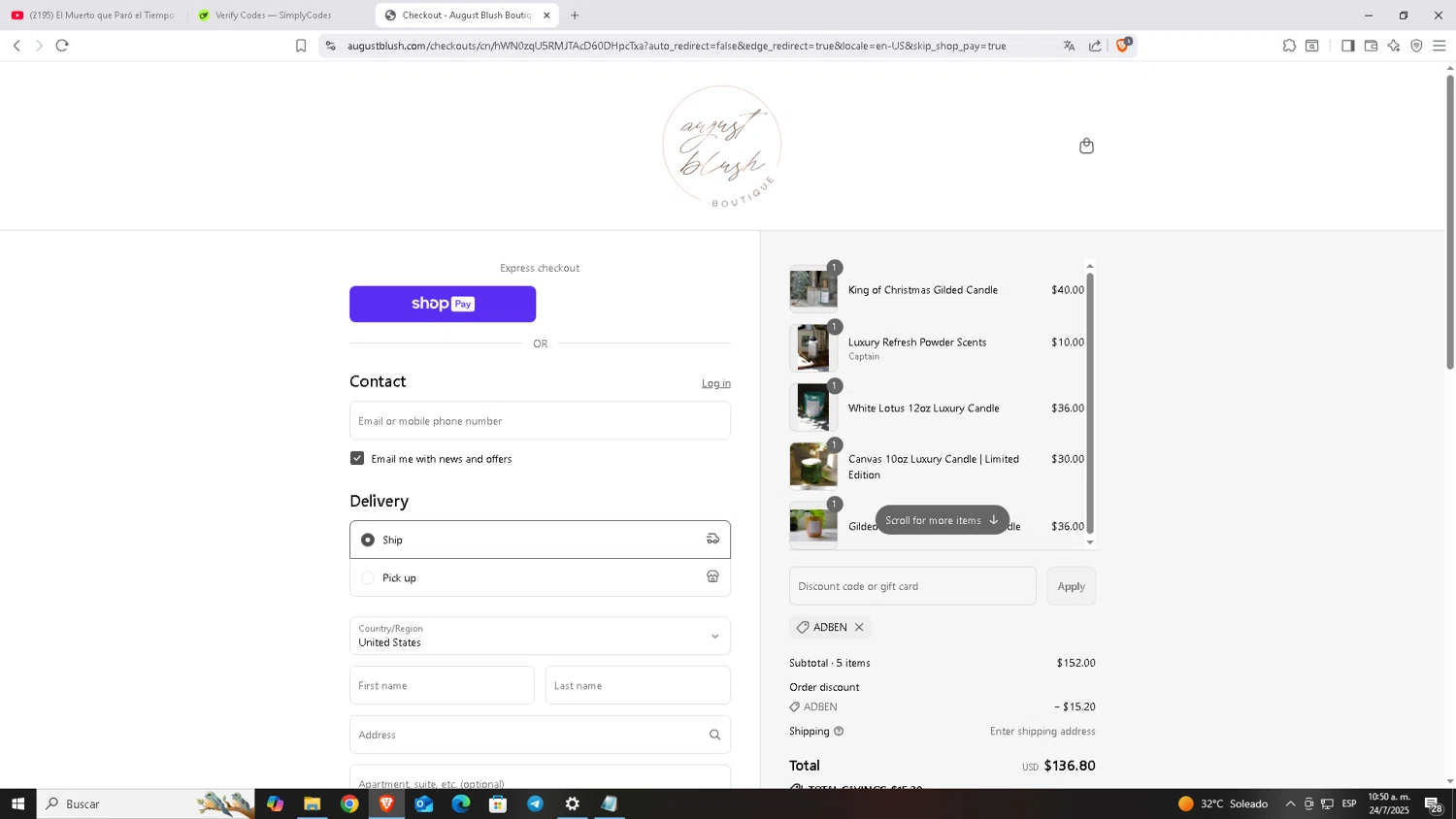 August Blush Boutique promo code screenshot showing code ADBEN applied at August Blush Boutique checkout page. Uploaded by SimplyCodes community member Carloscoder_900457733 on Jul 24, 2025