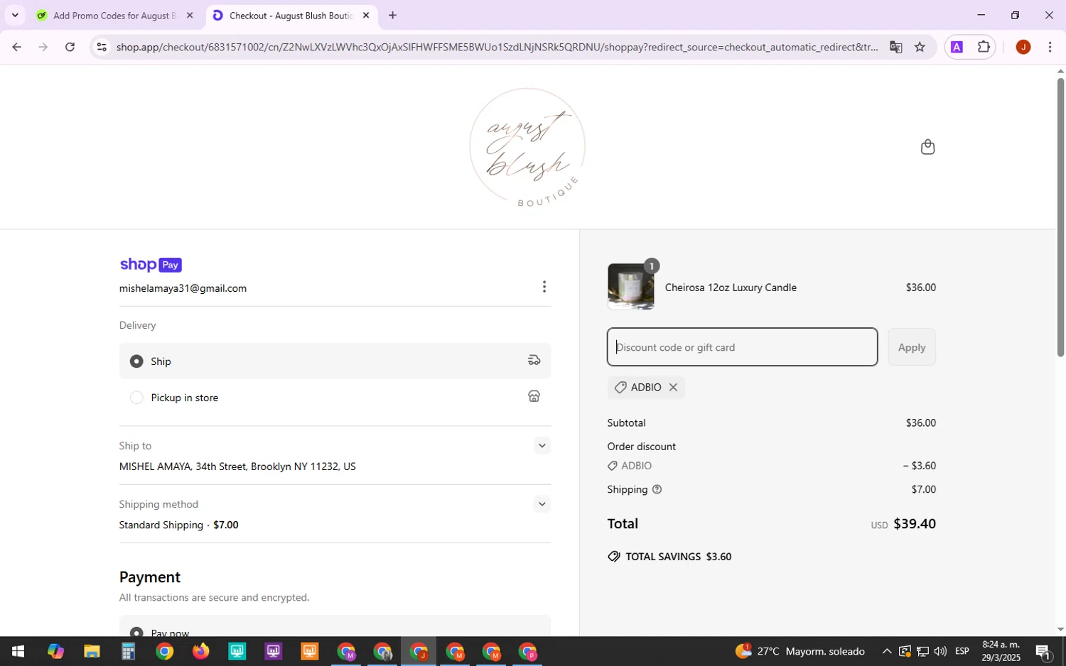August Blush Boutique promo code screenshot showing code ADBIO applied at August Blush Boutique checkout page. Uploaded by SimplyCodes community member MarkZuckerberg on Mar 29, 2025