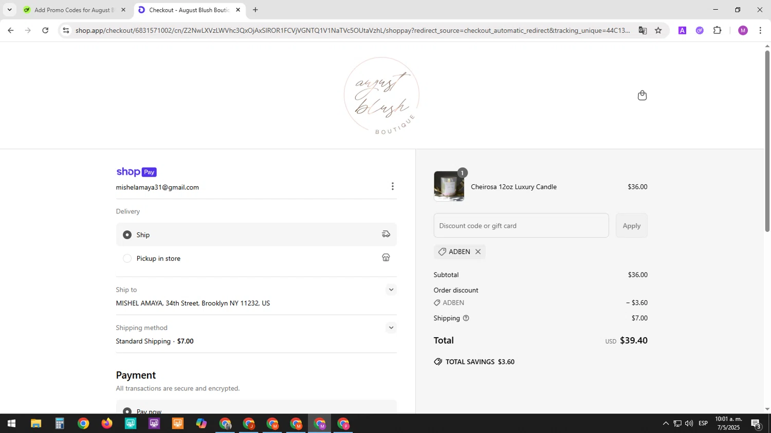 August Blush Boutique promo code screenshot showing code ADBEN applied at August Blush Boutique checkout page. Uploaded by SimplyCodes community member SavingsAce4782 on May 7, 2025