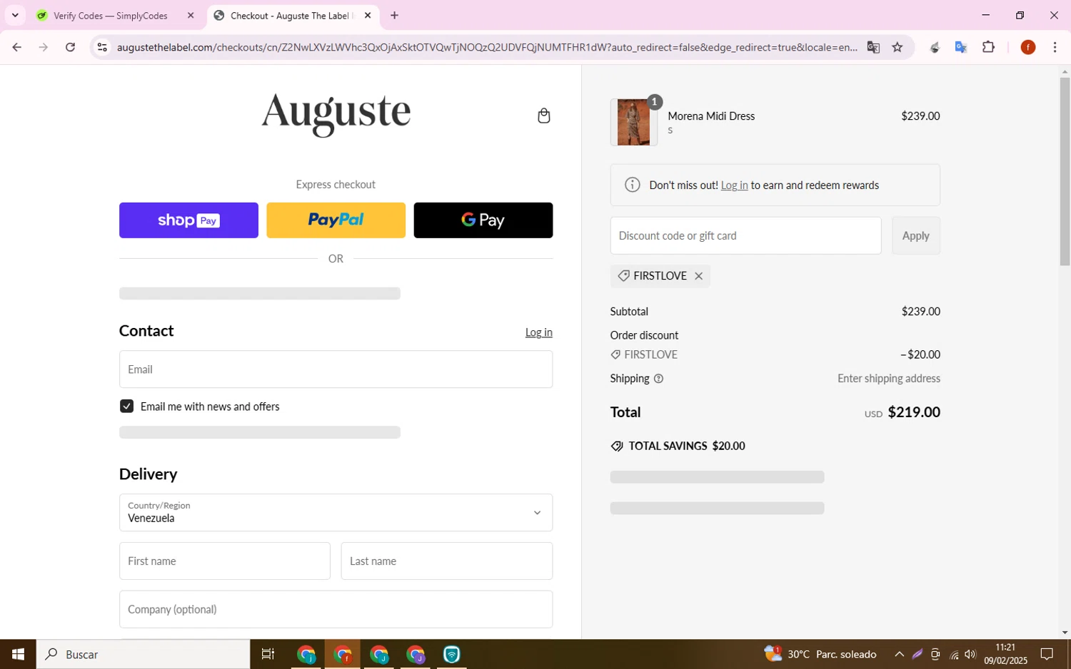 Auguste promo code screenshot showing code FIRSTLOVE applied at Auguste checkout page. Uploaded by SimplyCodes community member Collug on Feb 9, 2025