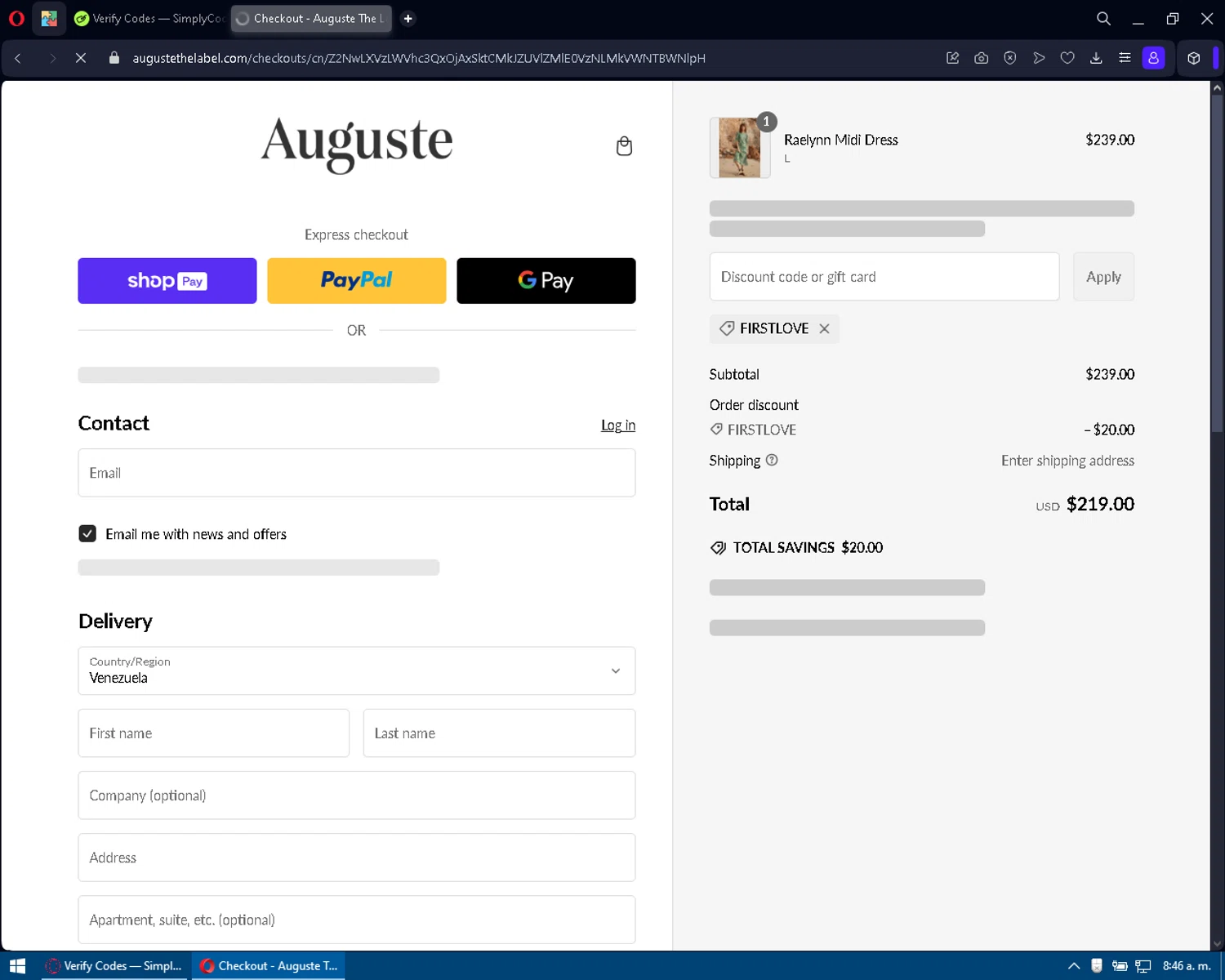 Auguste promo code screenshot showing code FIRSTLOVE applied at Auguste checkout page. Uploaded by SimplyCodes community member JuiceWRLD17 on Feb 5, 2025