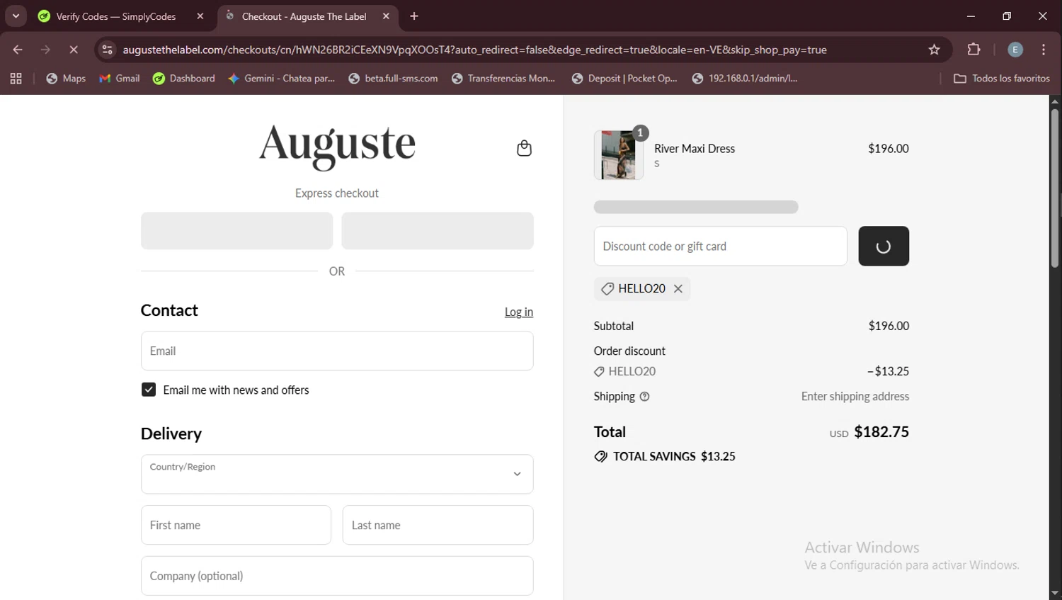Auguste promo code screenshot showing code HELLO20 applied at Auguste checkout page. Uploaded by SimplyCodes community member Esteban on Aug 22, 2025