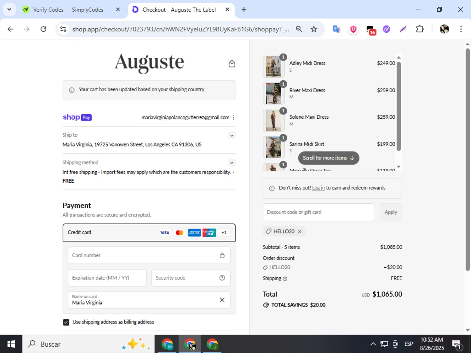 Auguste promo code screenshot showing code HELLO20 applied at Auguste checkout page. Uploaded by SimplyCodes community member mariapolancog on Aug 26, 2025