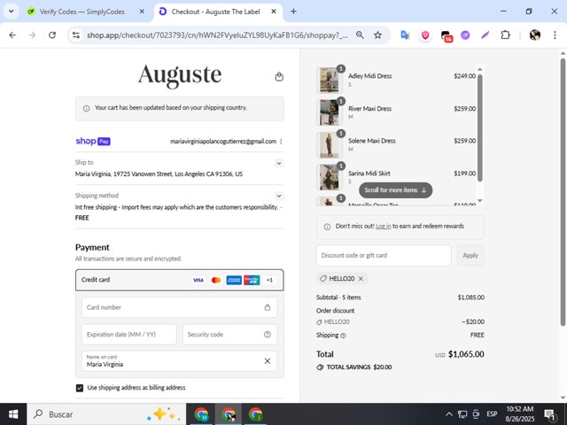 Auguste checkout page showing Auguste promo code box | Screenshot taken by SimplyCodes community member on Aug 26, 2025