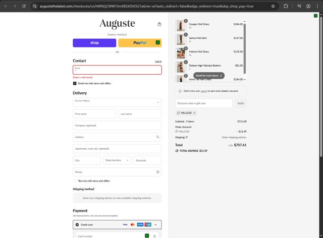 Auguste checkout page showing Auguste promo code box | Screenshot taken by SimplyCodes community member on Sep 8, 2025