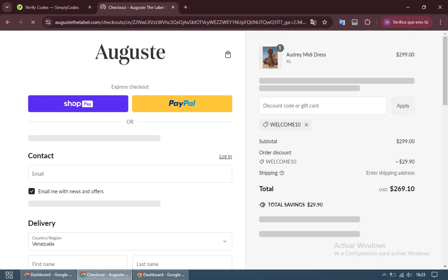 Auguste promo code screenshot showing code WELCOME10 applied at Auguste checkout page. Uploaded by SimplyCodes community member WiseCurator3690 on Feb 9, 2025