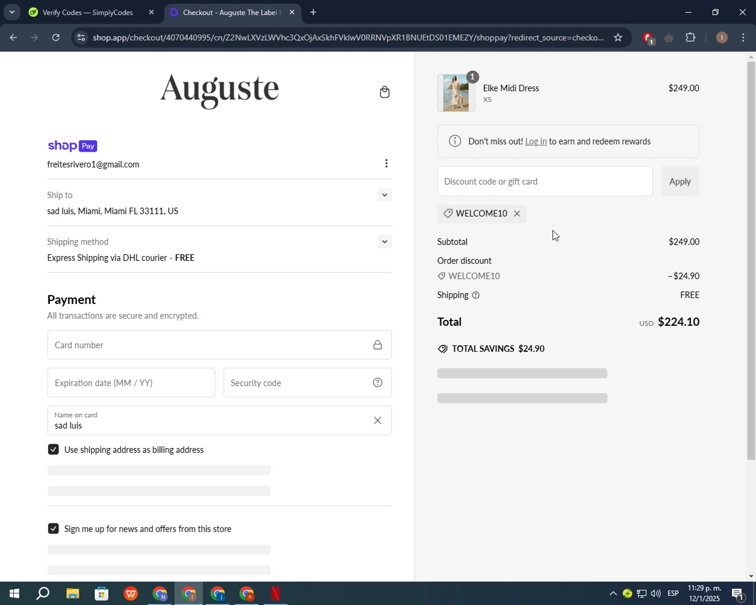 Auguste promo code screenshot showing code WELCOME10 applied at Auguste checkout page. Uploaded by SimplyCodes community member CashSleuth106 on Jan 13, 2025