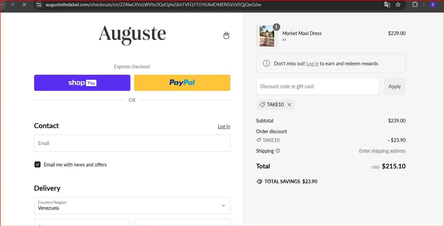 Auguste promo code screenshot showing code TAKE10 applied at Auguste checkout page. Uploaded by SimplyCodes community member TokenNavigator8970 on Jan 17, 2025