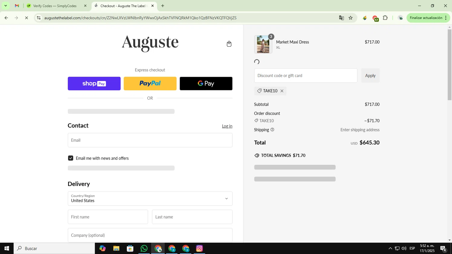 Auguste promo code screenshot showing code TAKE10 applied at Auguste checkout page. Uploaded by SimplyCodes community member YUPITAISON on Jan 17, 2025