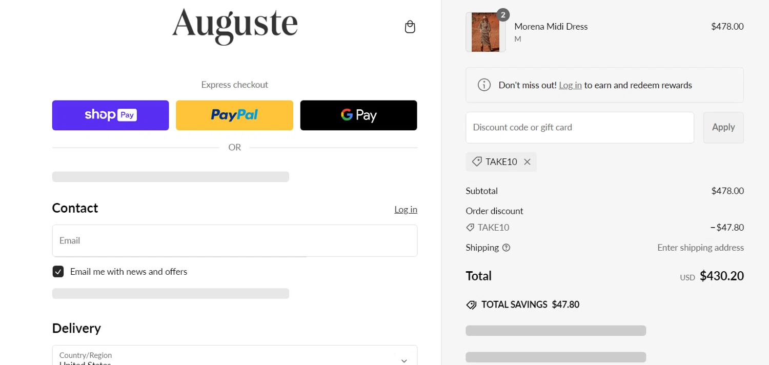 Auguste promo code screenshot showing code TAKE10 applied at Auguste checkout page. Uploaded by SimplyCodes community member lukeCallahannn on Feb 25, 2025