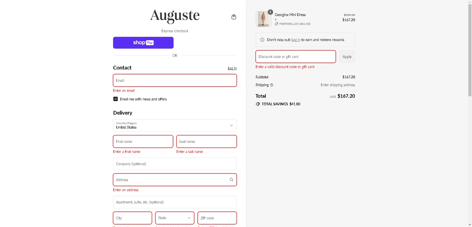Auguste promo code screenshot showing code FAREWELL20 applied at Auguste checkout page. Uploaded by SimplyCodes community member CleverLynx8583 on Aug 22, 2025