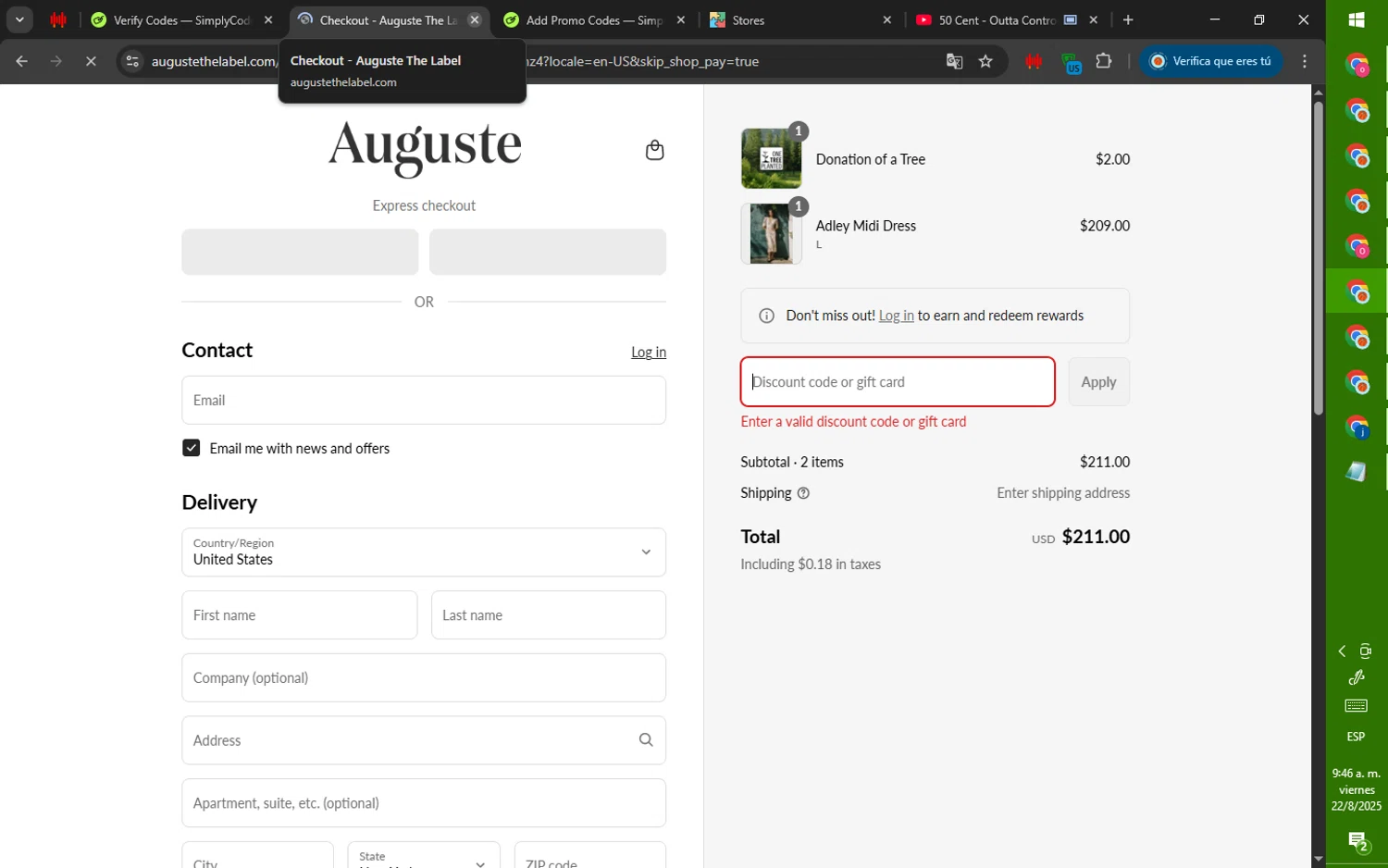 Auguste promo code screenshot showing code FAREWELL20 applied at Auguste checkout page. Uploaded by SimplyCodes community member ValiantWarden8956 on Aug 22, 2025