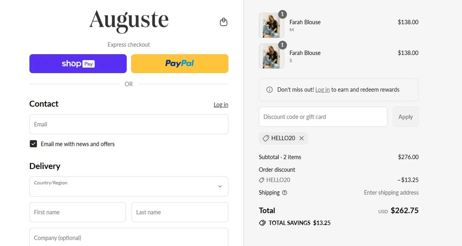 Auguste promo code screenshot showing code HELLO20 applied at Auguste checkout page. Uploaded by SimplyCodes community member angelfigueroa2008 on Aug 22, 2025