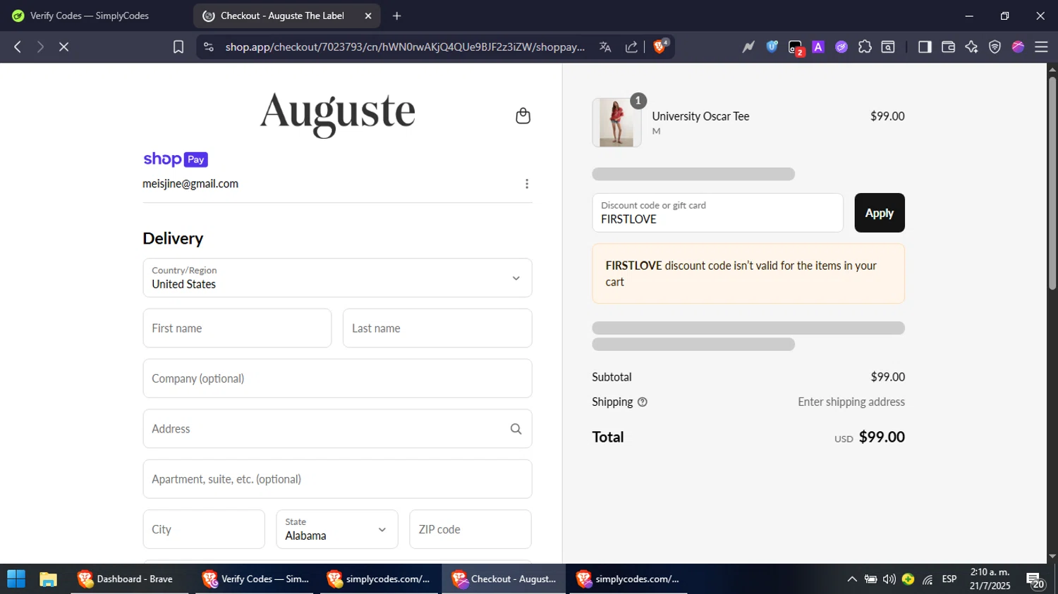 Auguste The Label discount code screenshot showing code FIRSTLOVE applied at Auguste The Label checkout page. Uploaded by SimplyCodes community member NobleFox488 on Jul 21, 2025