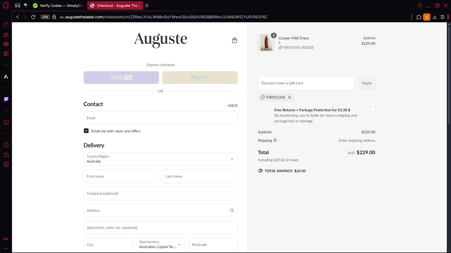 Auguste The Label discount code screenshot showing code FIRSTLOVE applied at Auguste The Label checkout page. Uploaded by SimplyCodes community member BrilliantLion4485 on May 1, 2025
