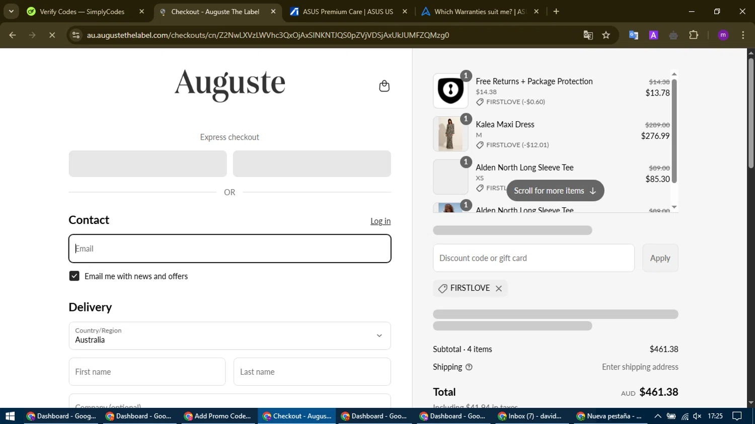 Auguste The Label discount code screenshot showing code FIRSTLOVE applied at Auguste The Label checkout page. Uploaded by SimplyCodes community member WonderHawk4272 on Apr 23, 2025