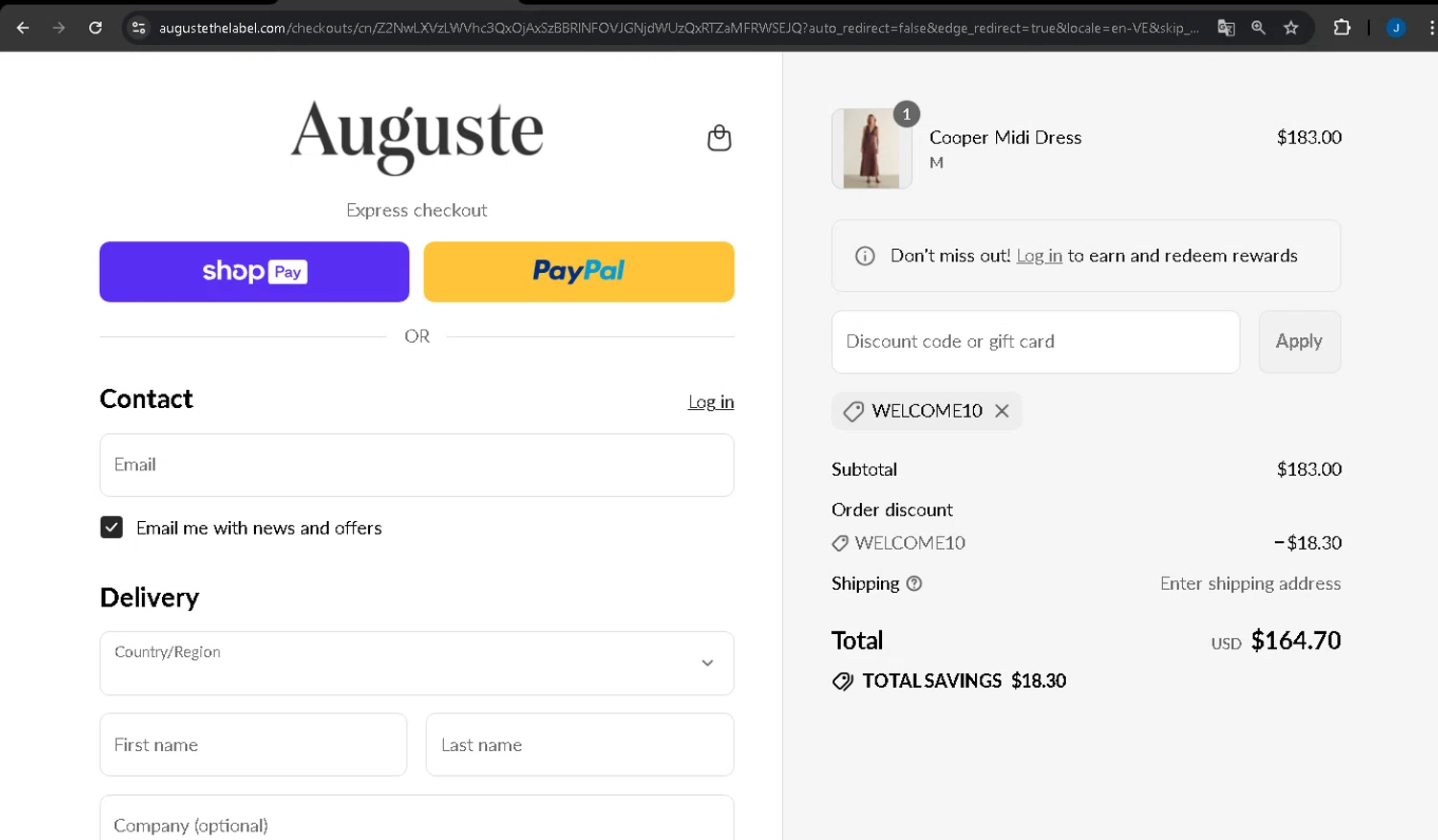 Auguste The Label discount code screenshot showing code WELCOME10 applied at Auguste The Label checkout page. Uploaded by SimplyCodes community member LegendarySage5106 on Jul 16, 2025