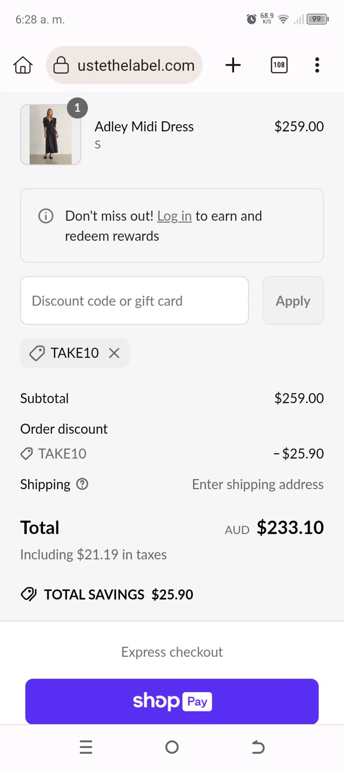 Auguste The Label discount code screenshot showing code TAKE10 applied at Auguste The Label checkout page. Uploaded by SimplyCodes community member BonusChaser4306 on Jun 17, 2025