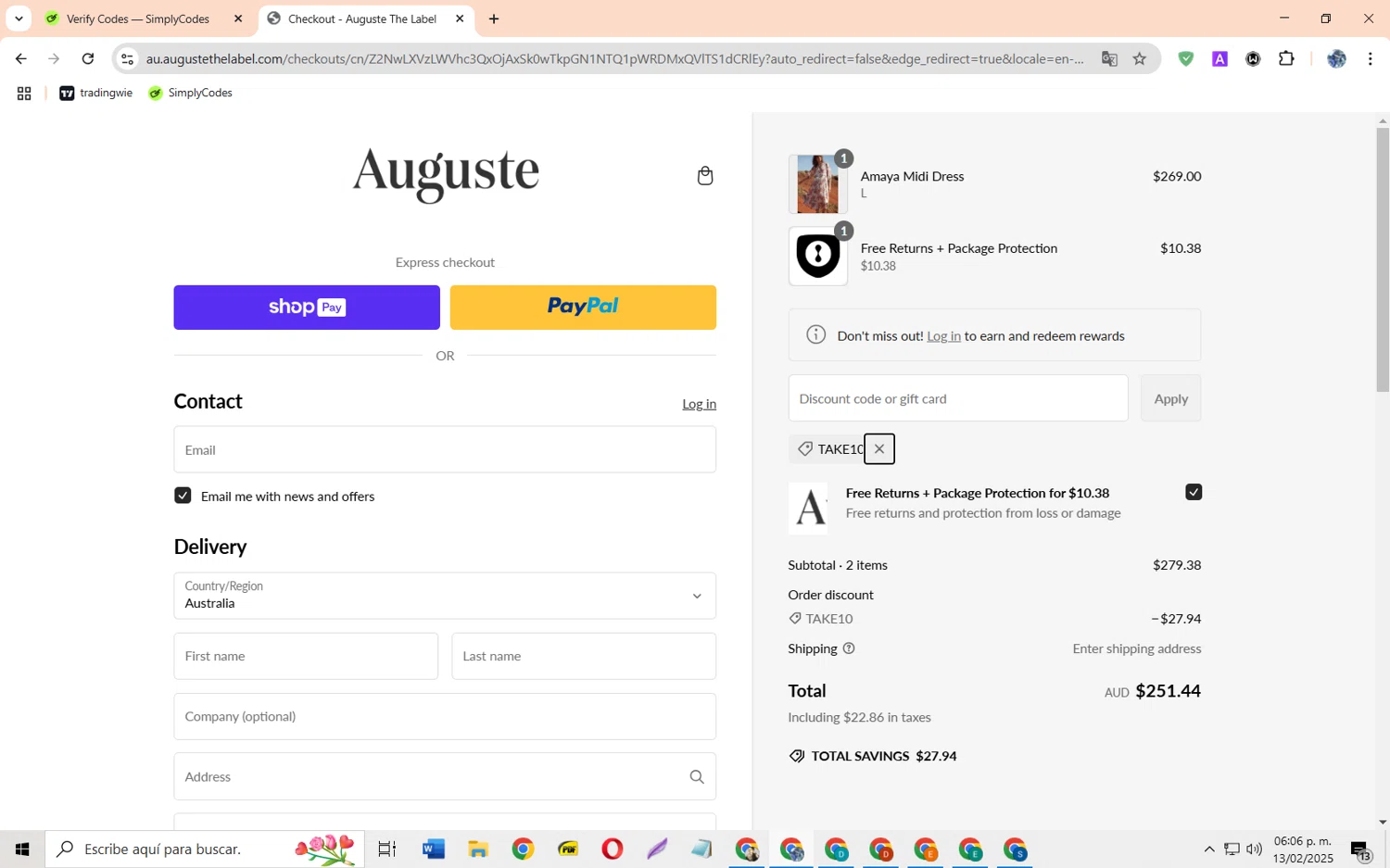 Auguste The Label discount code screenshot showing code TAKE10 applied at Auguste The Label checkout page. Uploaded by SimplyCodes community member JoseH45 on Feb 13, 2025